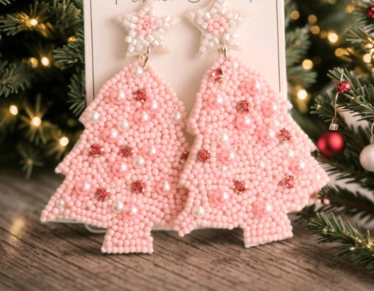 Pink faux pearl Christmas Tree earrings image 0