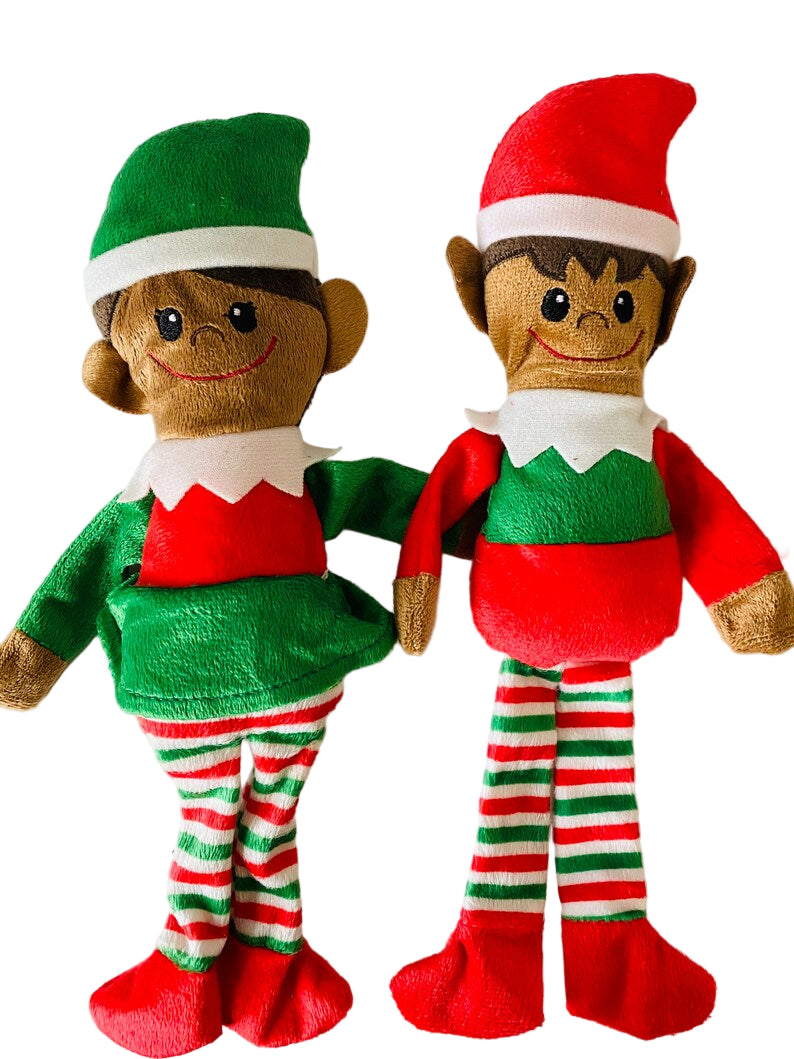 Two Christmas elves in red, green, and white on a white background